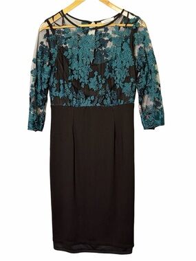 Kaliko Teal Floral Lace-Top Black Sheath Dress, US 6